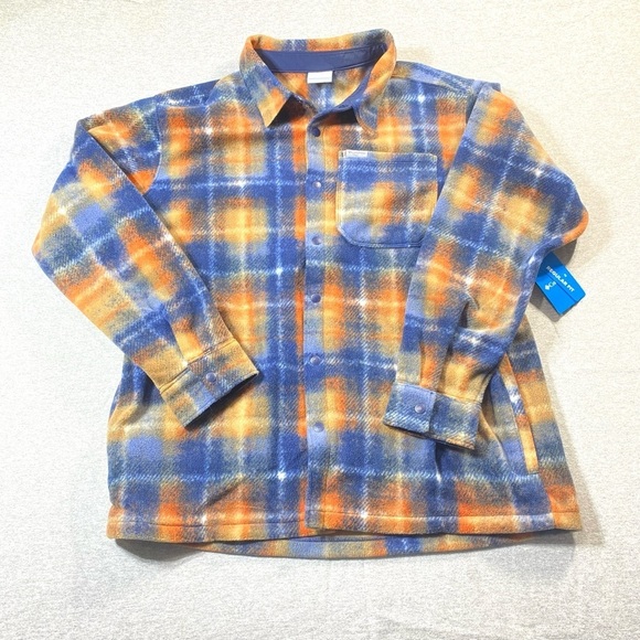 Columbia Men XL Steens Mountain Printed Fleece Jacket Blue Plaid Snap Button NWT - Picture 1 of 16